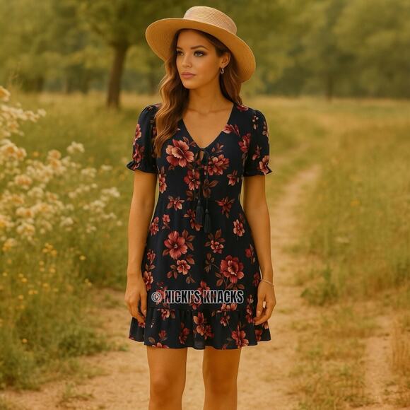 Xhilaration Seersucker Floral Dress M – Puff Sleeve Cottagecore Ruffle Mini - Picture 1 of 9